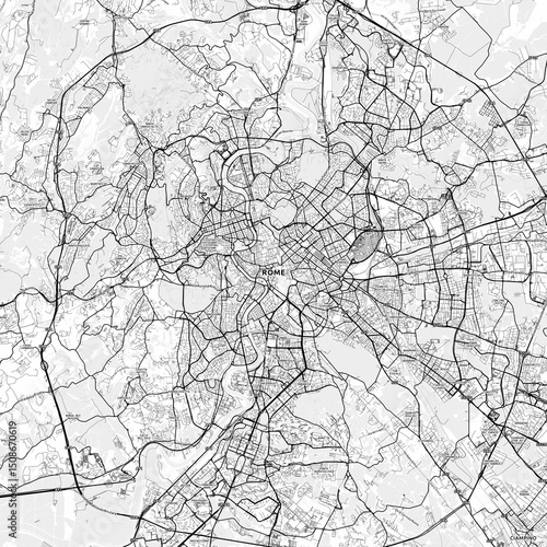 Rome Area Map with Labels and Neighborhoods - One color, minimalistic design