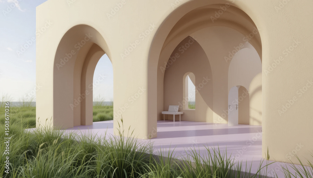 Fototapeta premium serene architectural scene featuring minimalist structure with soft arches and pastel color palette, set against natural landscape with grass and open sky
