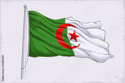 Hand drawn national Algerian flag flying in the air, waving Algeria flag with metallic pole isolated on white background