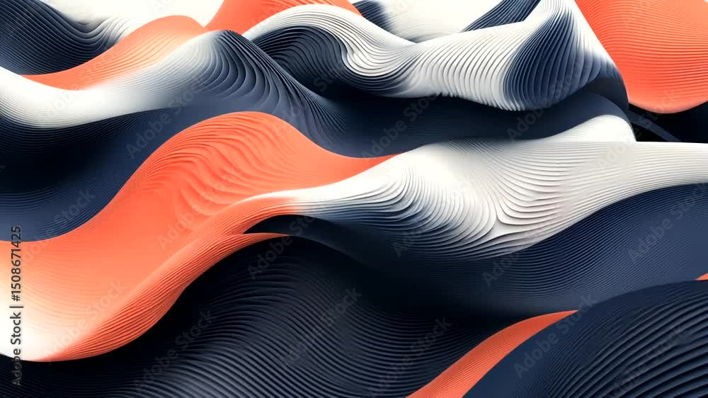 Wavy abstract forms in coral, white and dark blue create layered, flowing shapes with a pattern of dense parallel lines