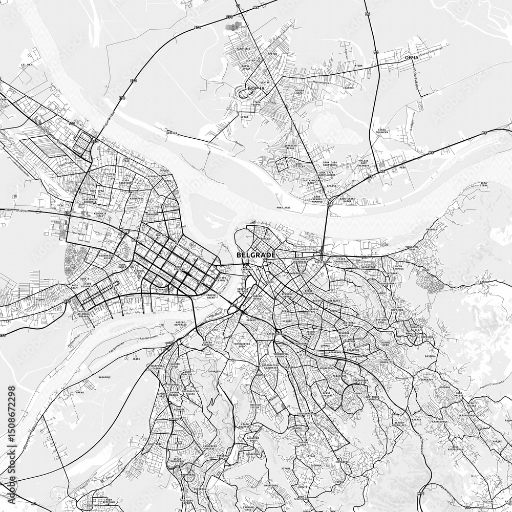 Naklejka premium Belgrade Area Map with Labels and Neighborhoods - One color, minimalistic design