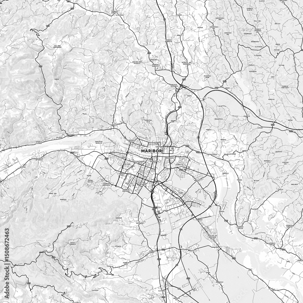 Fototapeta premium Maribor Area Map with Labels and Neighborhoods - One color, minimalistic design