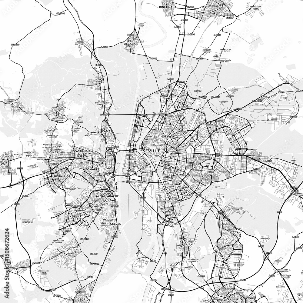 Naklejka premium Sevilla Area Map with Labels and Neighborhoods - One color, minimalistic design