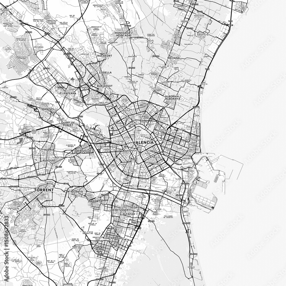 Naklejka premium Valencia Area Map with Labels and Neighborhoods - One color, minimalistic design