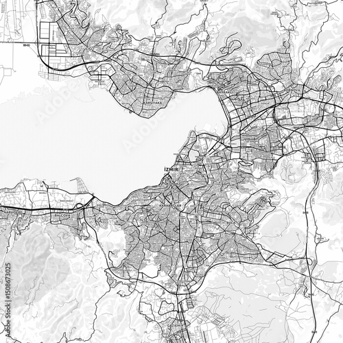 İzmir Area Map with Labels and Neighborhoods - One color, minimalistic design