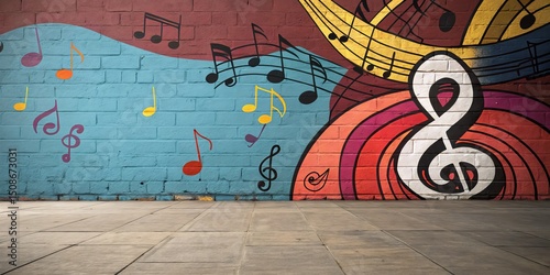 Colorful Music Notes Graffiti on Brick Wall Background, art, mural