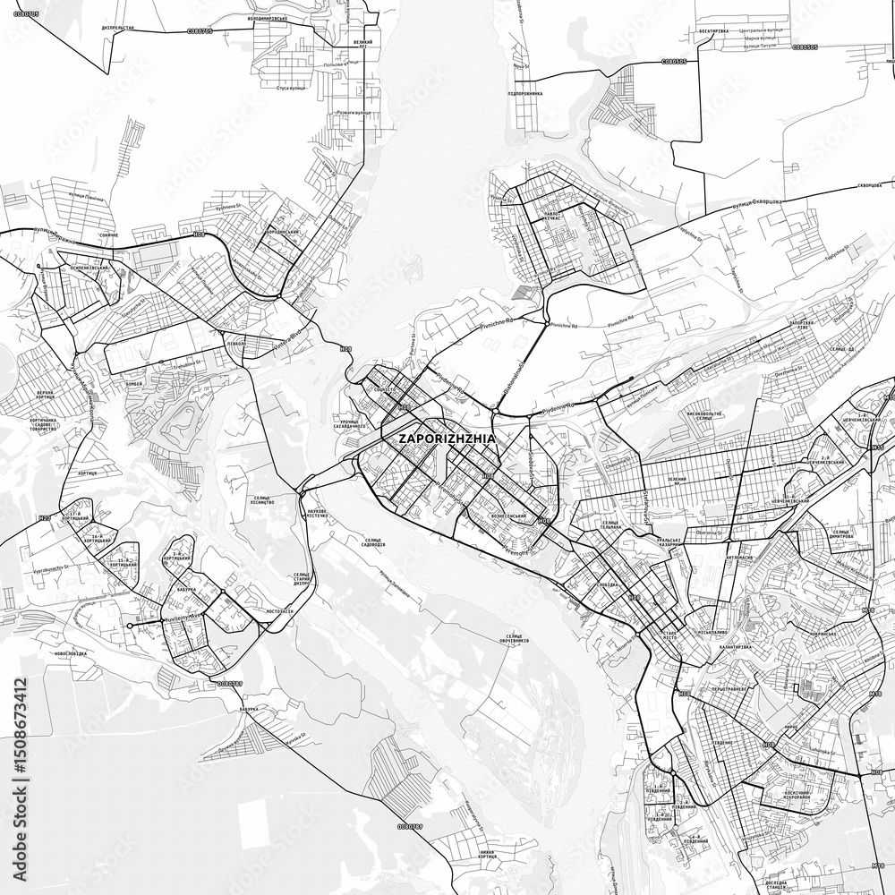 Obraz premium Zaporizhia Area Map with Labels and Neighborhoods - One color, minimalistic design