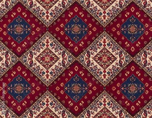 Repeating diamond pattern textile with red, blue, and cream tones