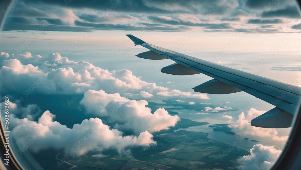 Obraz premium A scenic view of an airplane wing and fluffy clouds over land visible from window