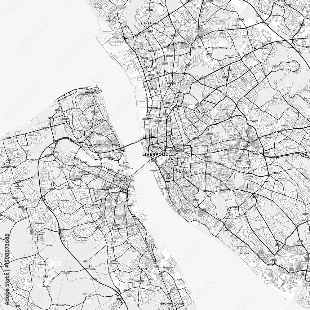Naklejka premium Liverpool Area Map with Labels and Neighborhoods - One color, minimalistic design