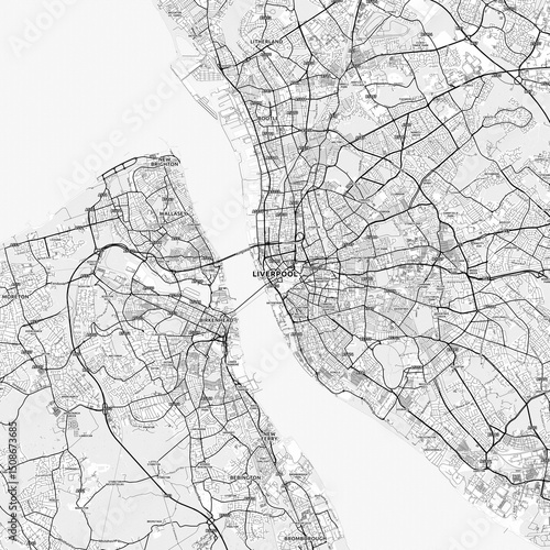 Liverpool Area Map with Labels and Neighborhoods - One color, minimalistic design