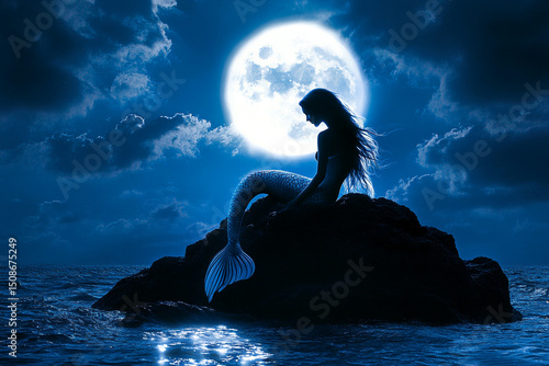 Silhouette of a mermaid perched on a rock under the moonlight