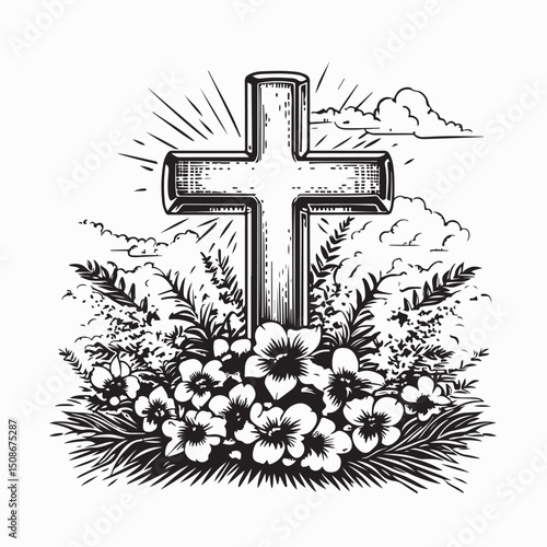 A cross in a field of flowers at sunset Image vector isolated on white background