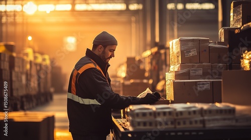 Warehouse worker diligently checks inventory boxes during golden hour sunlight in a busy distribution center