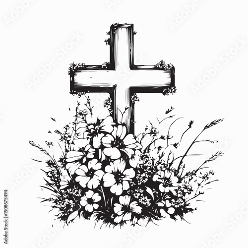 Cross adorned with flowers in a blooming field Image vector isolated on white background