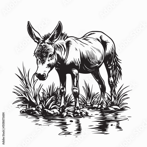 Donkey in a shallow stream in a misty meadow image vector isolated on white background