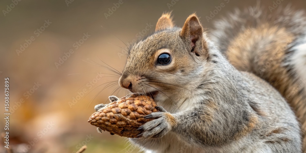 Fototapeta premium Squirrel Munching on Pine Cone Close-up, wildlife, rodents