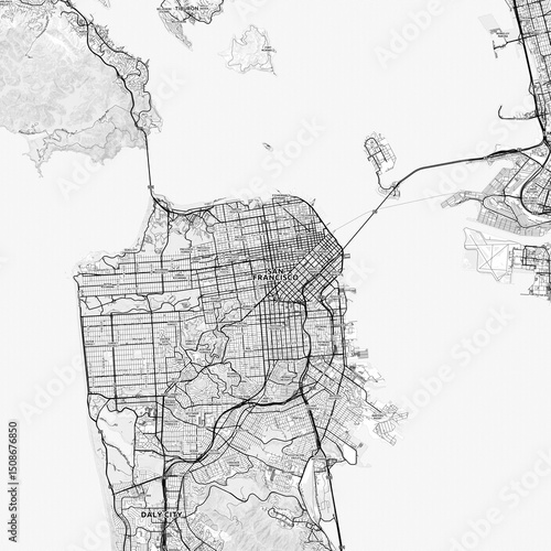 San Francisco Area Map with Labels and Neighborhoods - One color, minimalistic design