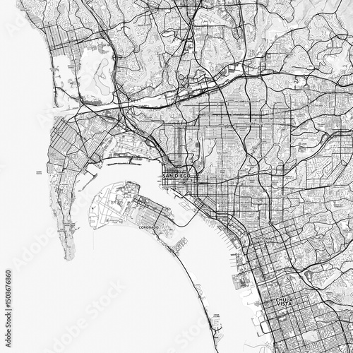 San Diego Area Map with Labels and Neighborhoods - One color, minimalistic design
