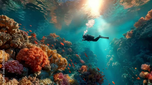 Wallpaper Mural Scuba diver swimming above a vibrant coral reef with red fish illuminated by sunlight Torontodigital.ca