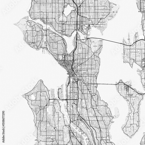 Seattle Area Map with Labels and Neighborhoods - One color, minimalistic design