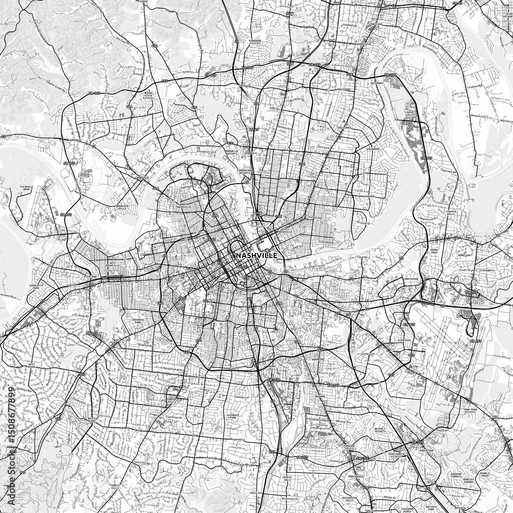 Naklejka premium Nashville Area Map with Labels and Neighborhoods - One color, minimalistic design