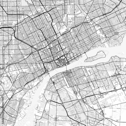 Detroit Area Map with Labels and Neighborhoods - One color, minimalistic design