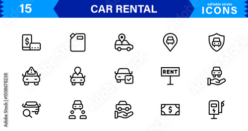 Professional Car Rental Icon Set Featuring Vehicle, Location, Booking, Key, and Transportation Symbols in a Clean, Modern, Vector-Based Style