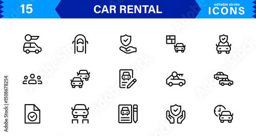 Professional Car Rental Icon Set Featuring Vehicle, Location, Booking, Key, and Transportation Symbols in a Clean, Modern, Vector-Based Style