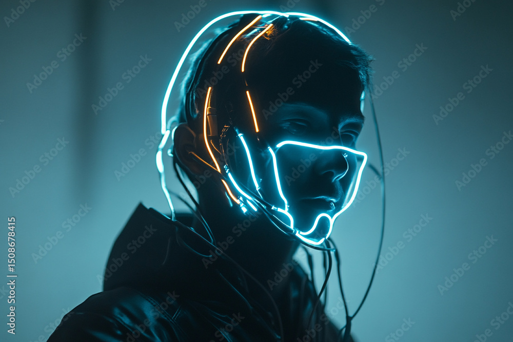 Silhouette of a rogue hacker with neon cables plugged into their body Silhouette of a rogue hacker with neon cables plugged into their body