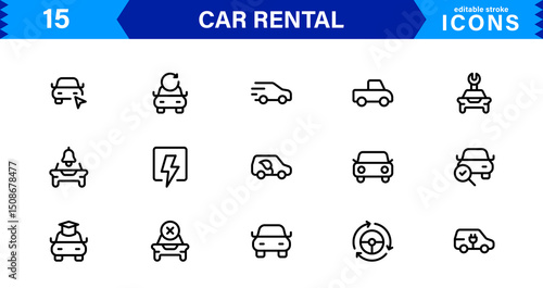 Professional Car Rental Icon Set Featuring Vehicle, Location, Booking, Key, and Transportation Symbols in a Clean, Modern, Vector-Based Style