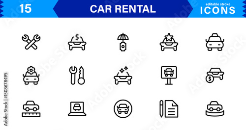 Professional Car Rental Icon Set Featuring Vehicle, Location, Booking, Key, and Transportation Symbols in a Clean, Modern, Vector-Based Style