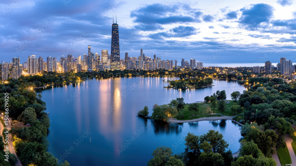Naklejka premium Aerial view of city skyline dusk, surrounded by serene lake and lush greenery. scene captures