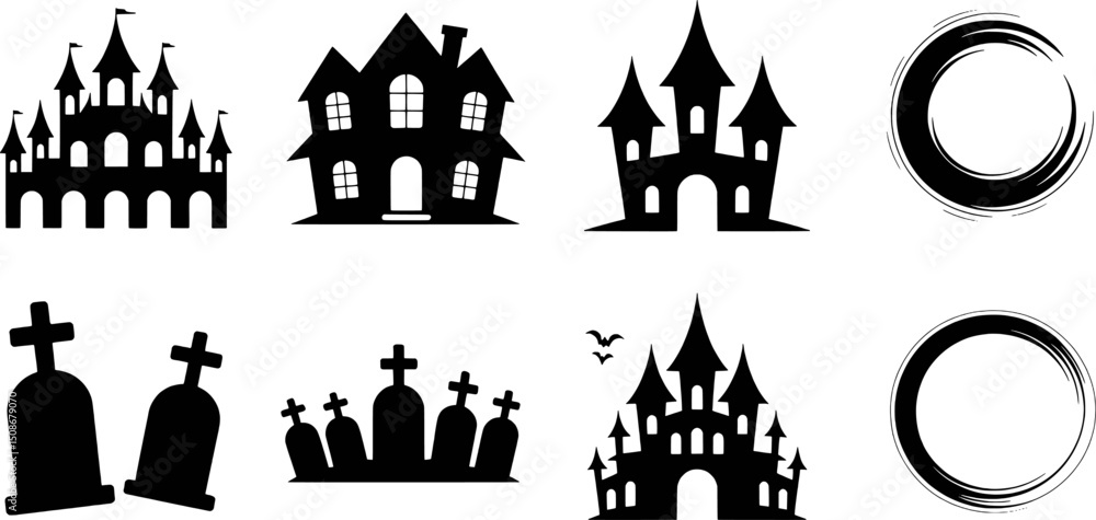 Obraz premium Halloween icons set silhouettes castles houses graves