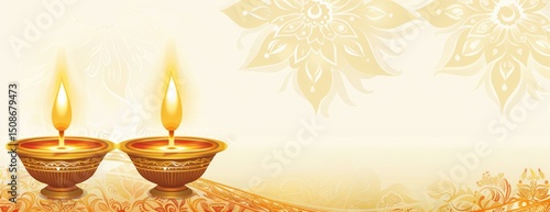 This illustration celebrates the hindu festival of diwali with a brightly burning diya casting a warm glow on a golden background