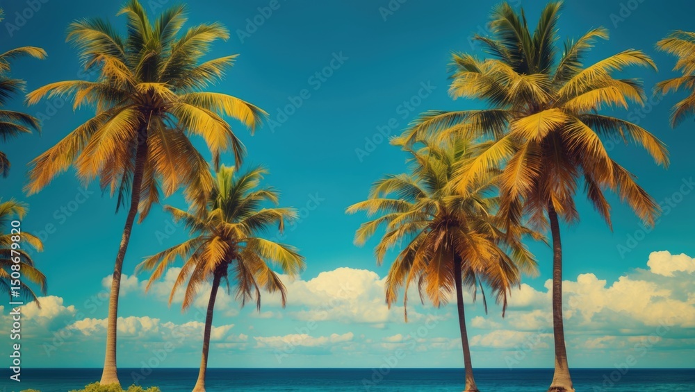 Fototapeta premium Palm Trees Against Blue Sky by the coast with vintage tones and stylized coconut trees, summer trees, retro, and empty space for text.