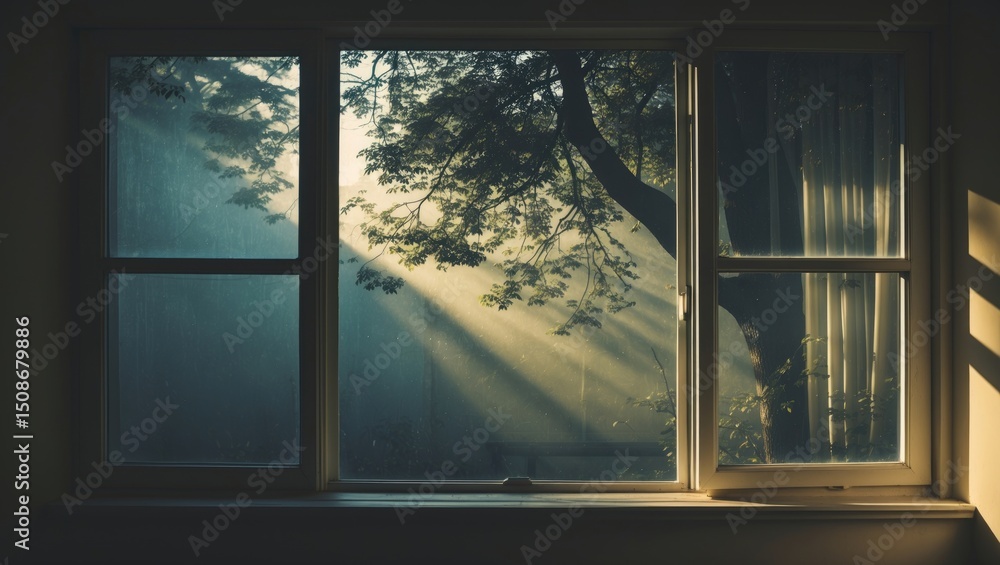 Naklejka premium A tree shadow is shining on the window with sunlight streaming through.