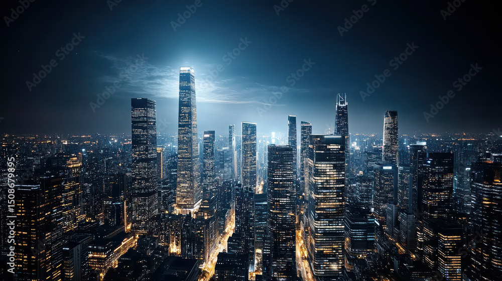 Fototapeta premium City skyline night with glowing skyscrapers and illuminated buildings creating vibrant