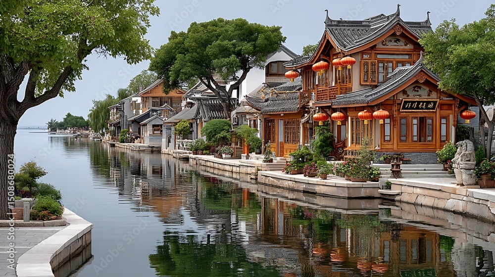 Fototapeta premium Serene ancient chinese town with arched bridge over water and elegant wooden buildings high resolution picture