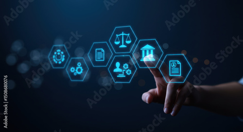 Legal Compliance & Business Regulations: Modern digital touchpoint interface to data privacy, regulations, security with icons like justice scales, bank building, file management & compliance