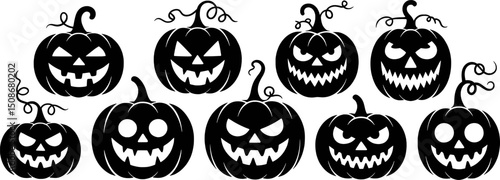 Eight spooky black halloween jack o lanterns