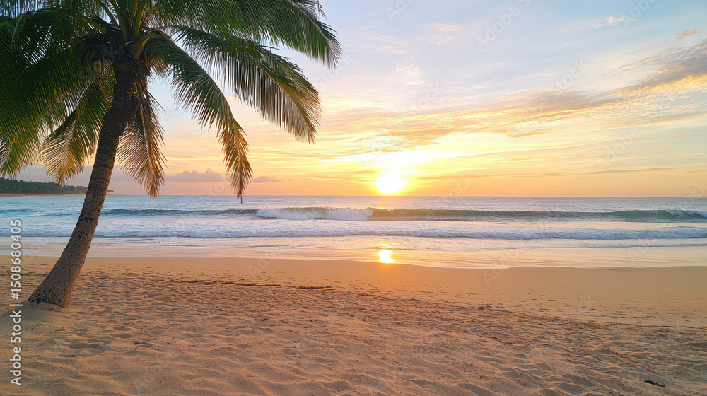 Fototapeta premium Serene beach scene featuring palm tree silhouetted against vibrant sunset sky, with gentle waves