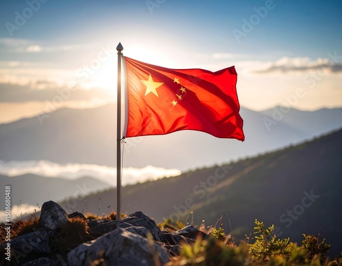 Chinese flag billows in mountain sunset