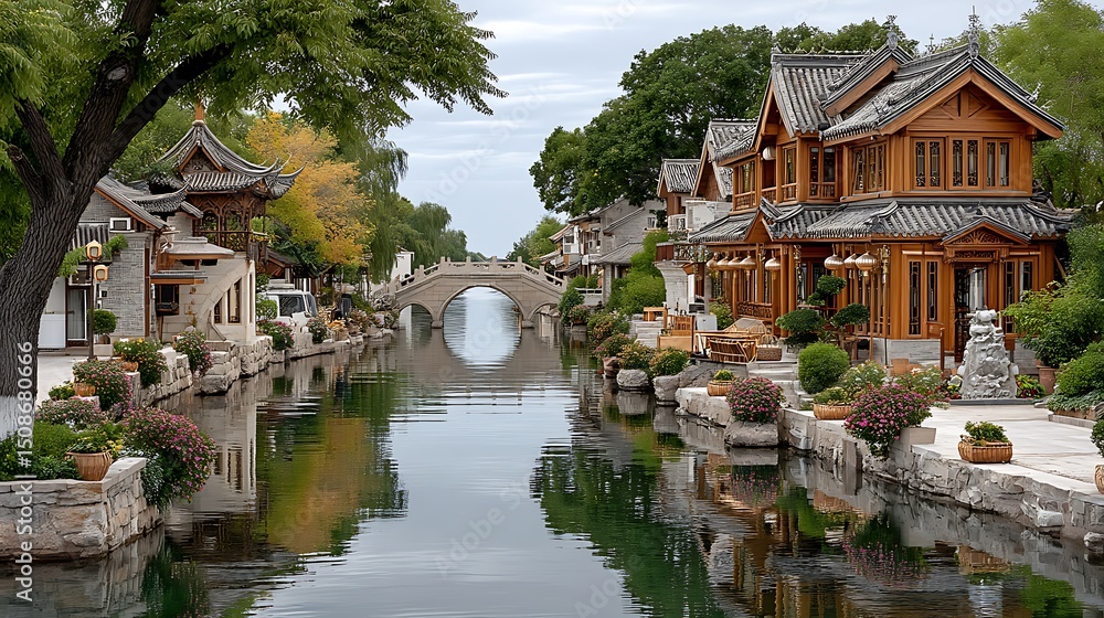 Obraz premium Traditional chinese water town architecture with curved stone bridge and classic wooden houses high resolution picture
