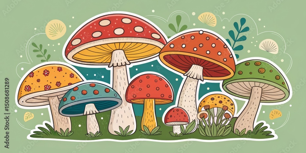Naklejka premium Colorful Mushroom Illustration on Green Background, whimsical, fungus