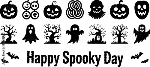 Halloween icons set black silhouettes spooky castle graveyard