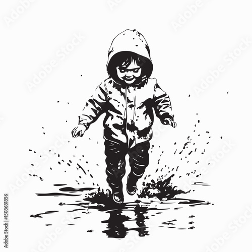 Child in a Raincoat Splashing in Puddles on a Rainy Day Image Vector.