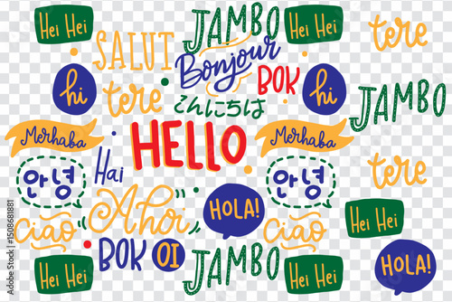 Set Of Discount Labels ,  Hello Sketch Words Pattern Different Languages Set Design 