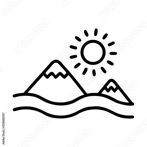 Illustration of landscape with mountains and sun - tranquility of nature and bright sunrise