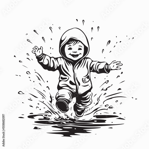 Child in a Raincoat Splashing in Puddles on a Rainy Day Image Vector.